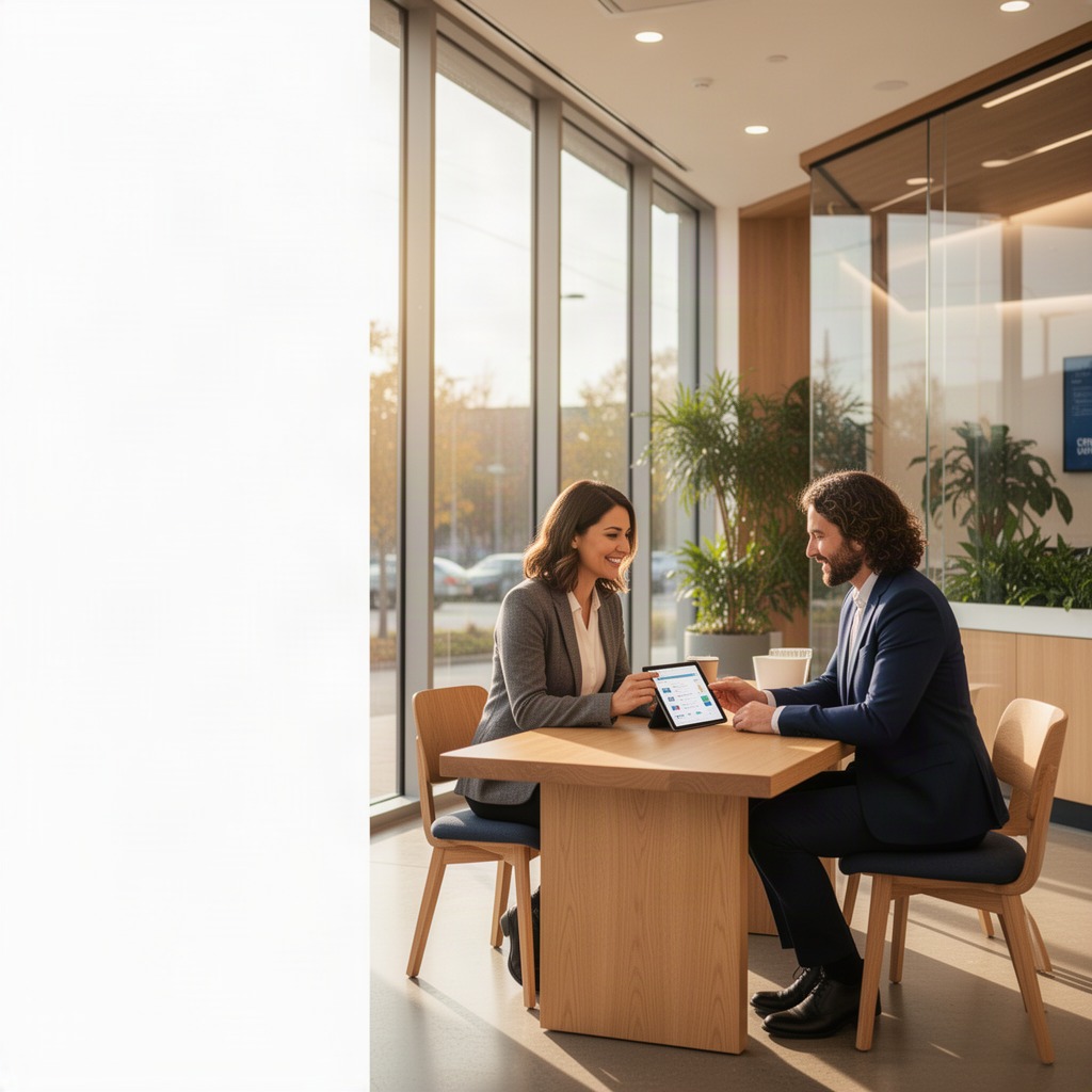 A welcoming Summit Credit Union branch lobby with members meeting a personal banker at an open desk